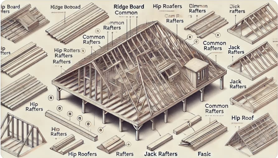 Parts of a hip roof